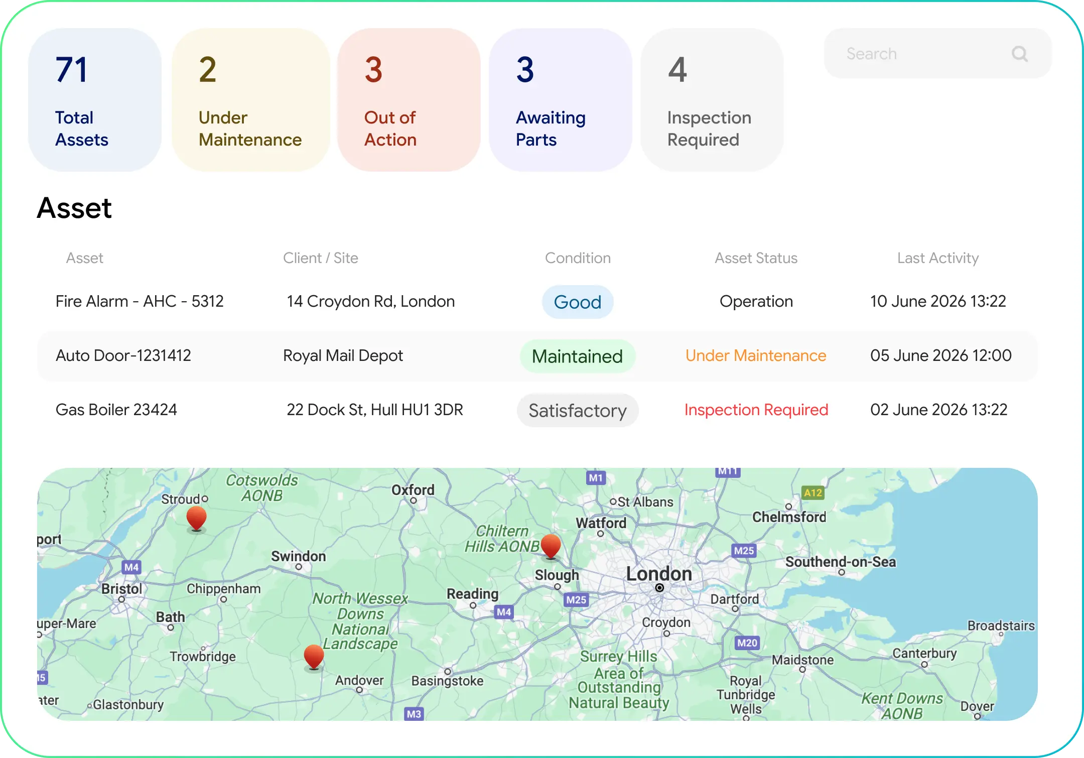 Site and asset record screen showing assets, sites and certificates